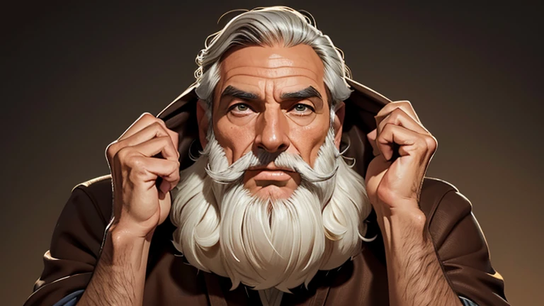Um homem de 53 anos pensando, sereno, inteligente, complete, wise, cabelos grisalhos, barba grisalha, terno elegante pele bronzeada, hiper realista, alta qualidade.