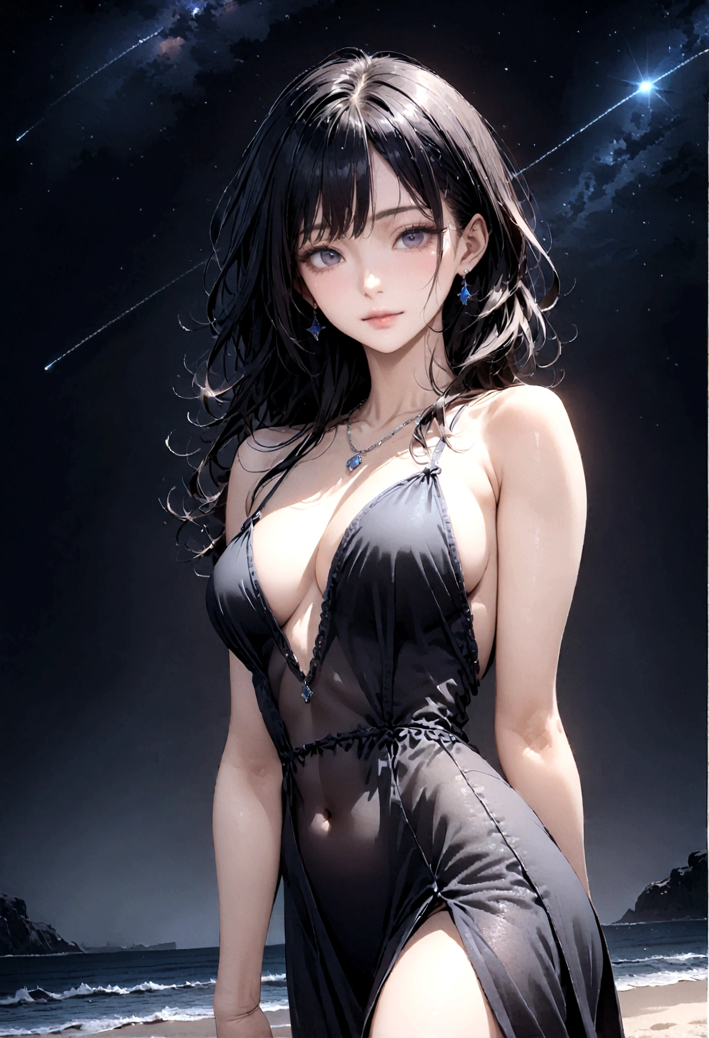 8k, masterpiece, RAW Photos, highest quality, Realistic, Very detailed, Depth of written boundary, Cinematic Light, Anatomically correct body,
One beautiful 40 year old woman, Very beautiful face, Exquisitely detailed face, (A calm and gentle face:1.4), Very delicate skin texture, Transparent muscle, Shiny white skin, Glamorous Body,
(Wavy black long hair:1.2), Sexy Breasts, Sexy ass,
(See-through slit long dress:1.2), (Detailed cloth texture:1.2), (Gorgeous necklace:1.1), (Gorgeous earrings:1.1),
(Dark starry background:1.4), (Milky Way:1.1), (milky way:1.1), (shooting star:1.1), (Dark coastline at night:1.4), (Pitch black sea surface:1.4),
(Standing on the beach:1.2),
(Low angle shot:1.3),