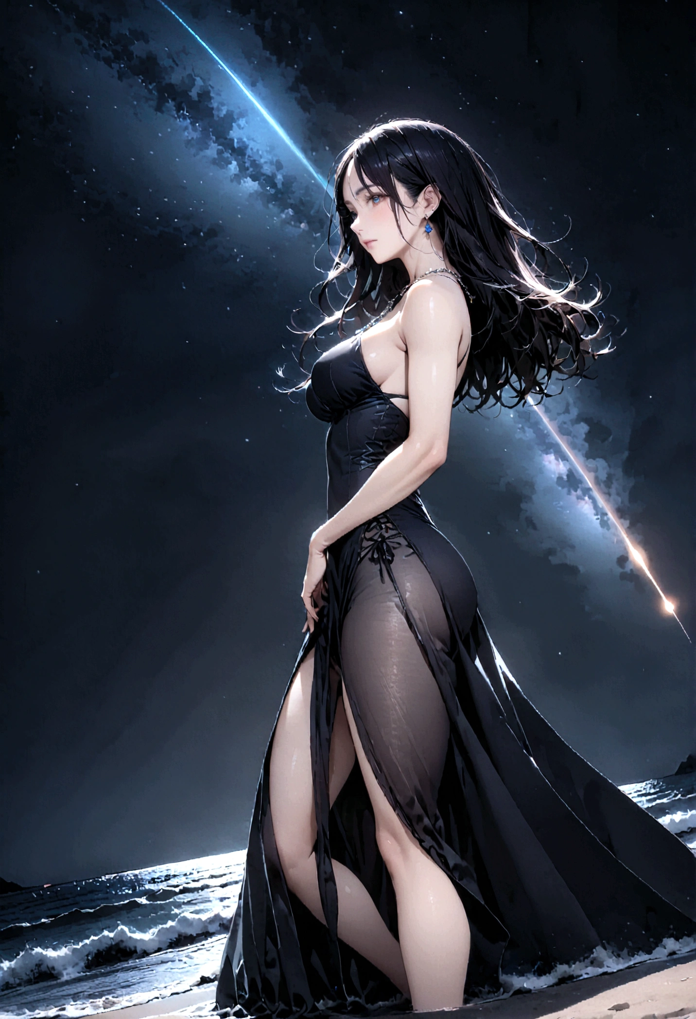 8k, masterpiece, RAW Photos, highest quality, Realistic, Very detailed, Depth of written boundary, Cinematic Light, Anatomically correct body,
One beautiful 40 year old woman, Very beautiful face, Exquisitely detailed face, (A calm and gentle face:1.4), Very delicate skin texture, Transparent muscle, Shiny white skin, Glamorous Body,
(Wavy black long hair:1.2), Sexy Breasts, Sexy ass,
(See-through slit long dress:1.2), (Detailed cloth texture:1.2), (Gorgeous necklace:1.1), (Gorgeous earrings:1.1),
(Dark starry background:1.4), (Milky Way:1.1), (milky way:1.1), (shooting star:1.1), (Dark coastline at night:1.4), (Pitch black sea surface:1.4),
(Standing on the beach:1.2),
(Low angle shot:1.3),