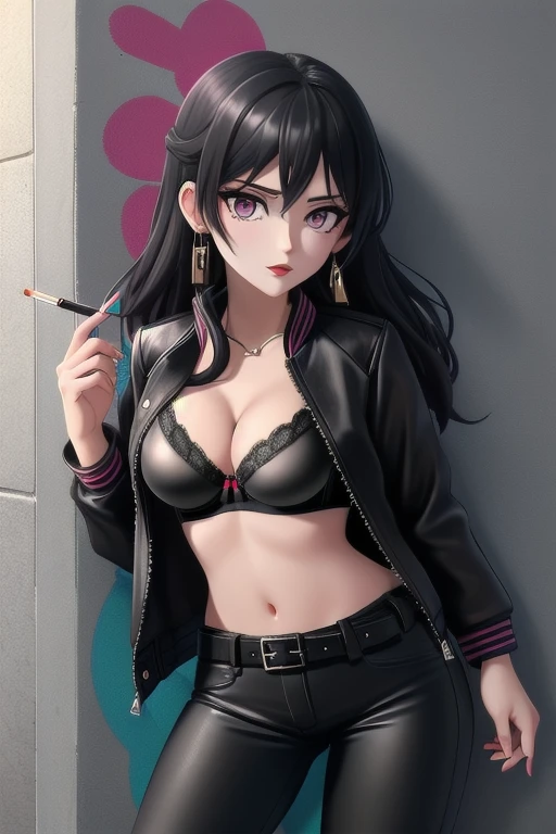 1girl, alone, a 28-year-old woman, pale skin, eyeshadow, red lipstick, ((Wearing: Black opened jacket, black leather bra, tight black pants, belt and leather boots:1.2)), midriff, medium breasts, cleavage, she has long magenta hair, Amber colored eyes, standing, she's looking at the camera with an inexpressive look, she's smoking a cigarette, Graffiti Alley, Trash Can, she's leaning up against a wall.