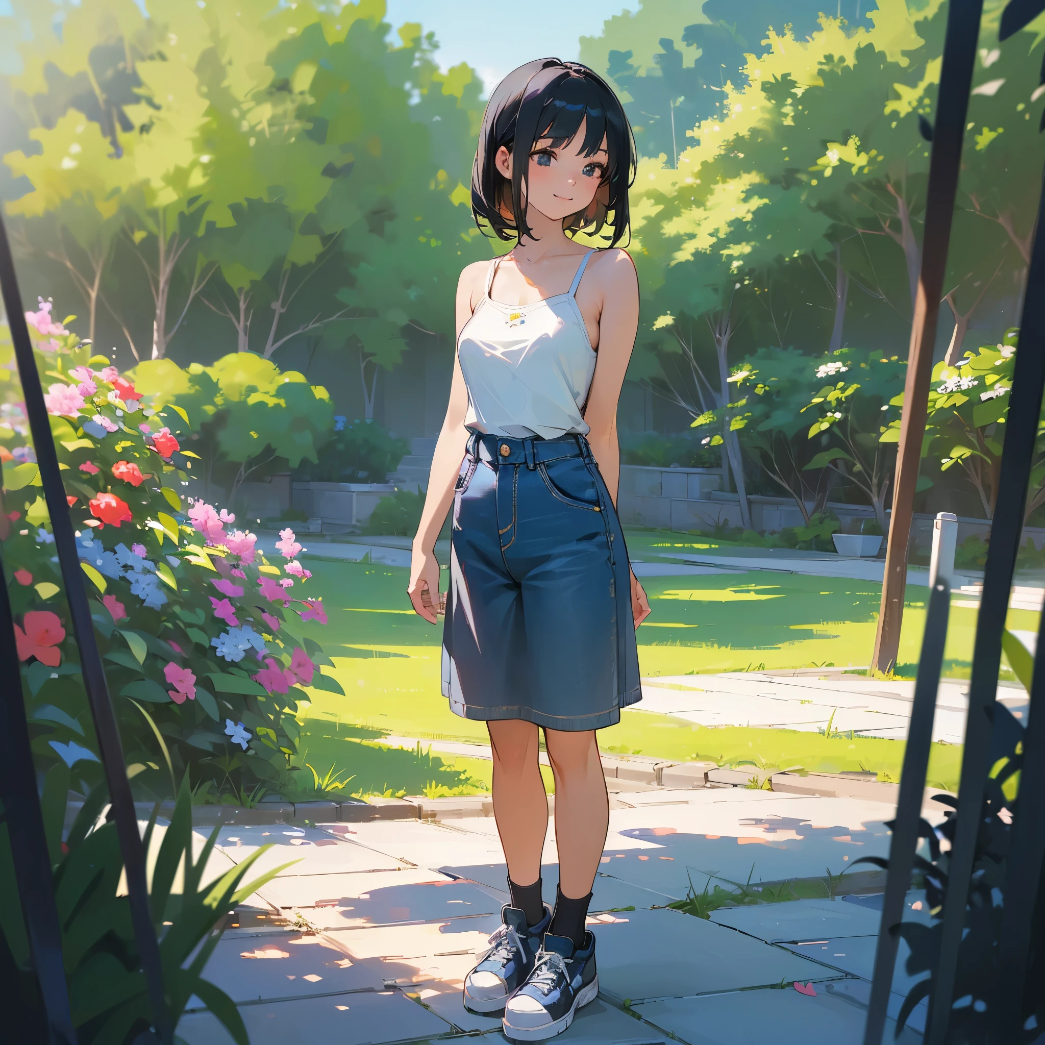 (high quality, High resolution, Very detailed, reality:1.37), Peaceful atmosphere, (Outdoor, garden), Teenage girl standing alone, (my breasts are big.), Beautiful details, Cute Smile, (Black bob hair), camisole, Denim skirt, Blue socks, sneakers.