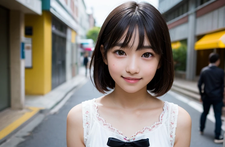 highest quality, shape, Very detailed, finely, High resolution, 8k wallpaper, finelyて美しい目, Cool dress、smile,14-year-old girl、cute、Looking into the camera、Black Hair、School、Black Hair、short hair、The bangs are short、after school、So that the entire upper body is visible、Street Snap、14-year-old girl