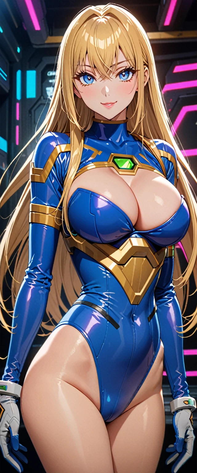 ((masterpiece)), ((high quality)), ((super detailed)), ((high resolution)), ((8k)),a beautiful woman, ((She is one of the most famous actress in Japan.)), unparalleled beauty, ((large breast:1.4)), ((large ass)), ((deep cleavage)), slim waist, chest out, ultra detailed face, perfect skin, (((waist length hair, ((long straight golden hair)), crossed bangs))), blue eyes,  detailed eyes, whole body image, sexy, an inviting smile, sensual, (((anime))), ((glamorous)), sexual attraction ,23 years old, ((incredibly beautiful woman)), ((The H cup bust)), ((sexy pose)), ((neat and clean.)), (((Power Ranger))), heroine,  (((high leg leotard, white line on blue colored power suit))),  ((beautiful breasts)), beautiful legs, 8 life size, anime:1.4, the most beautiful and strongest, ((charm)), cyber punk,