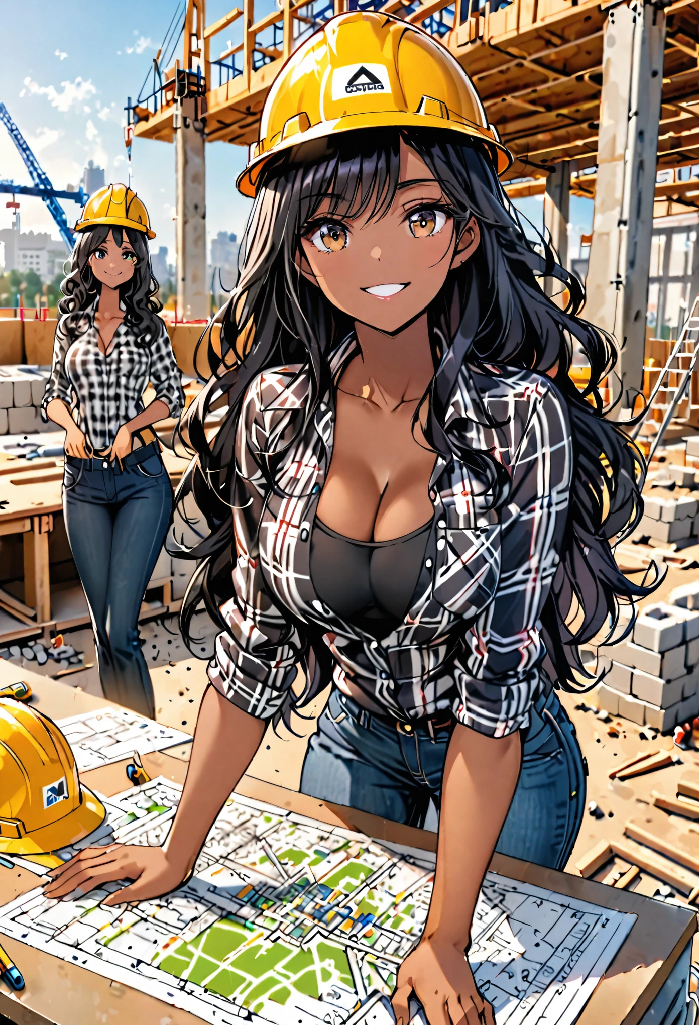 female, sfw, tall, broad shoulders, tan skin, black hair, wavy hair, brown eyes, large breasts, hard hat, plaid shirt, jeans, cleavage, black undershirt, construction site, smile, construction plans, blue plans, hands on table