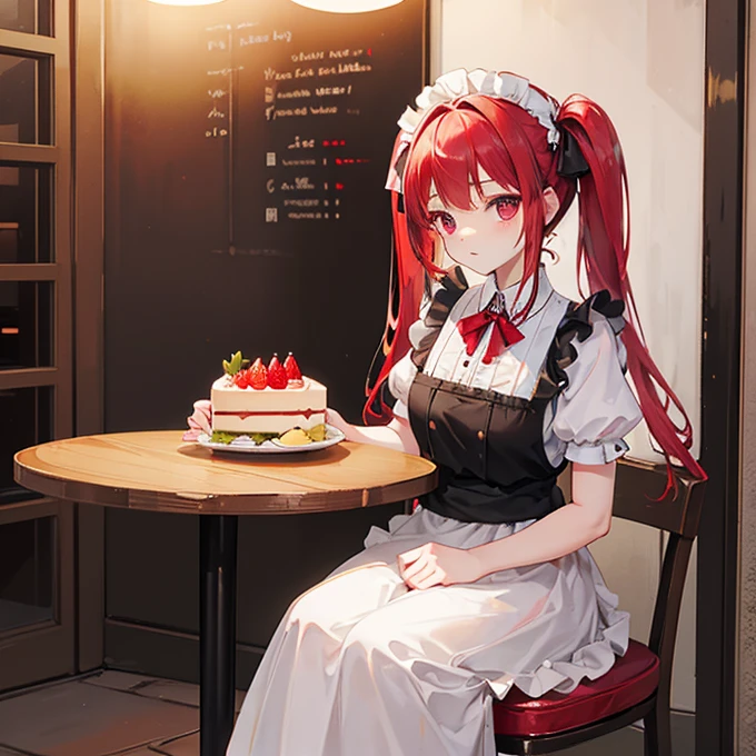 Promotional photo, the place is a coffee shop, 1 girl, 16-year-old face, waitress carrying cake to the table, red-haired twin tails, gentle face, half costume of gothic lolita and maid costume with the image of strawberries, clothes based on white,