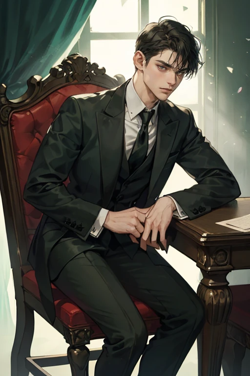 ((One young man with a black suit and tie)), gotham, alejandro, (((side swept dark short hair))), (dark green eyes and thick eyebrows), smirk, ((20 years old)), ((masterpiece)), posture dynamic, ((cinematic lighting)), (height tall around 5 foot 6), sitting on the chair