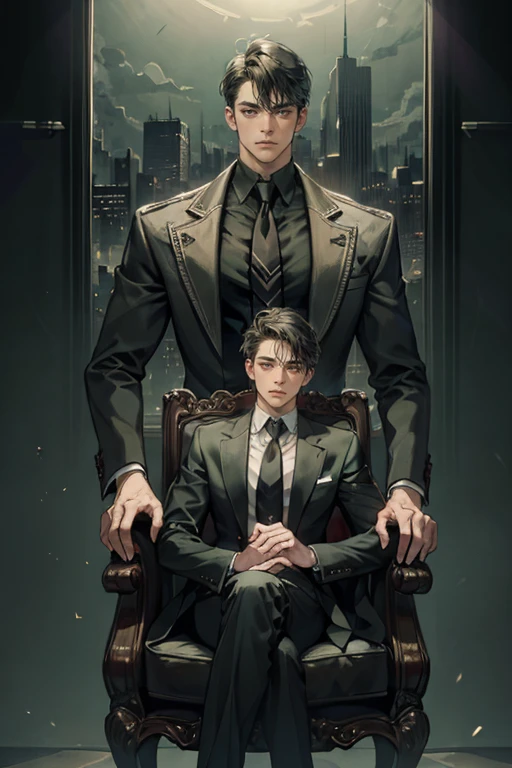 ((One young man with a black suit and tie)), gotham, alejandro, (((side swept dark short hair))), (dark green eyes and thick eyebrows), smirk, ((20 years old)), ((masterpiece)), posture dynamic, ((cinematic lighting)), (height tall around 5 foot 6), sitting on the chair