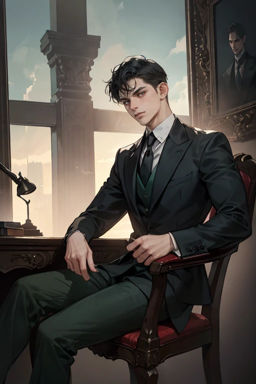 ((One young man with a black suit and tie)), gotham, alejandro, (((side swept dark short hair))), (dark green eyes and thick eyebrows), smirk, ((20 years old)), ((masterpiece)), posture dynamic, ((cinematic lighting)), (height tall around 5 foot 6), sitting on the chair