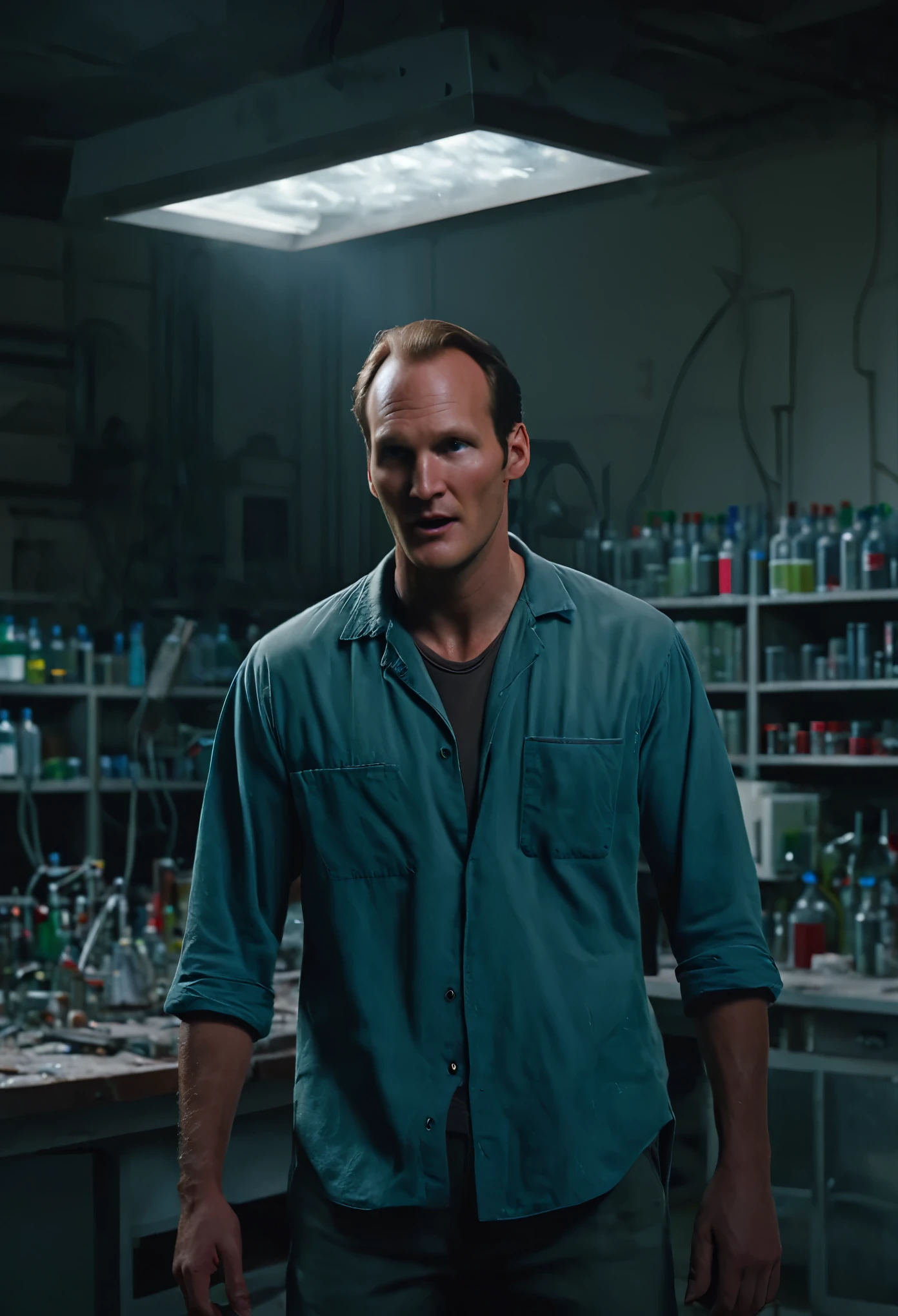 Jurassic Horror Patrick Wilson in a abandoned lab photography, natural light, photorealism, cinematic rendering, ray tracing, the highest quality, the highest detail, Cinematic, Third-Person View, Blur Effect, Long Exposure, 8K, Ultra-HD, Natural Lighting, Moody Lighting, Cinematic Lighting
