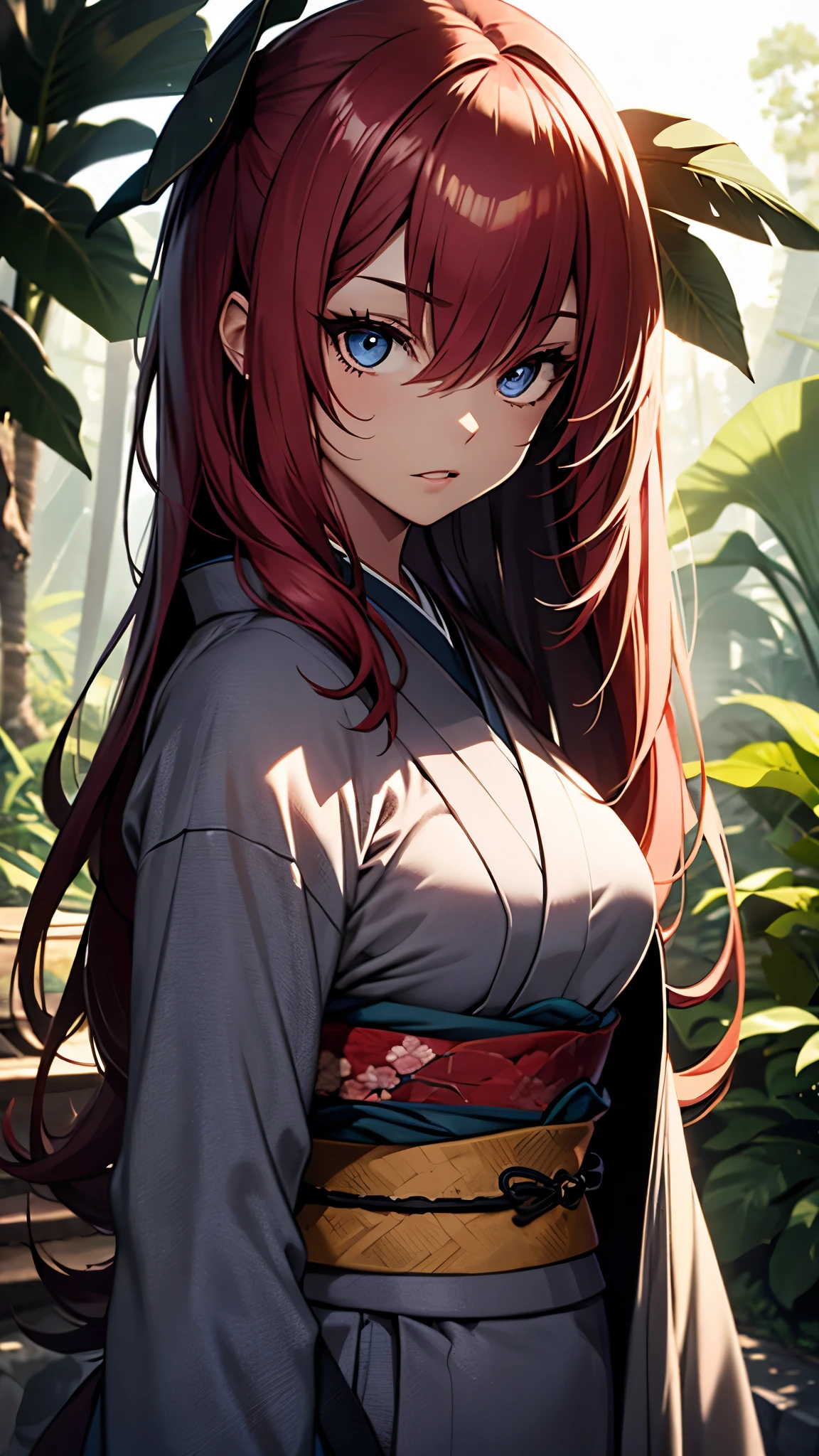 (1girl:1.3), Masterpiece, Best quality, amazing beauty, [[3D]], 4K, absurdres, finely detail, super detailed eye, perfect anatomy, official art, cinematic lighting, BREAK, forest/jungle, silky long hair, red hair, super shiny detailed black eye, big eyes, cute eyes, thin eyebrow, （retreating figure）, she's hiding her face. close-mouth, thin lips, BREAK , usually, tall, medium, fair skin, detailed skin, Are standing, profile, from front, Sidelighting, BREAK , (kimono:1.2)