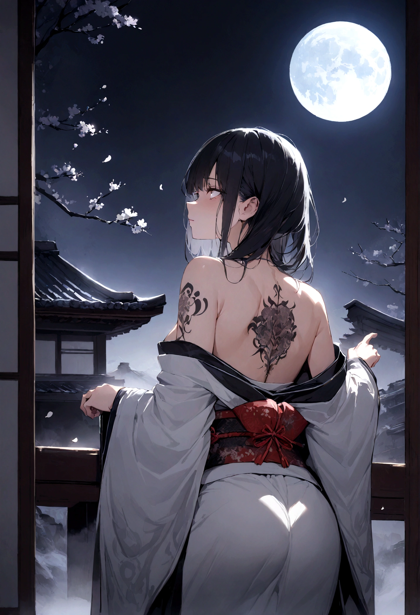 (masterpiece:1,2), best quality, masterpiece, highres, original, extremely detailed wallpaper, perfect lighting,geisha, kimono,Bare shoulder,back,Turn back,tattoo,(((Black and white))),Extreme detail,solo,Cold eyes,look up,Glowing eyes,byobu,moon,Black hair,petal,