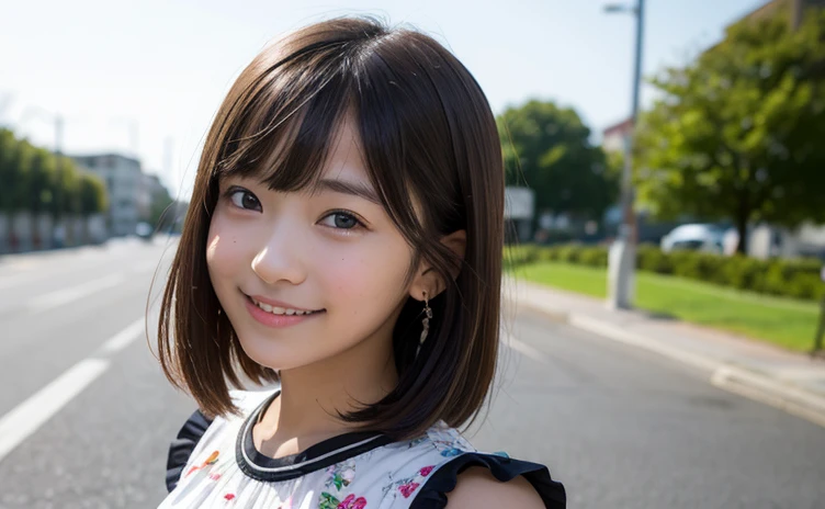 highest quality, shape, Very detailed, finely, High resolution, 8k wallpaper, finelyて美しい目, Cool dress, smile,14-year-old girl、cute、Looking into the camera、Black Hair、School、Black Hair、short hair、The bangs are short、after school、So that the entire upper body is visible、Street Snap、14-year-old girl、Putting hair on one ear