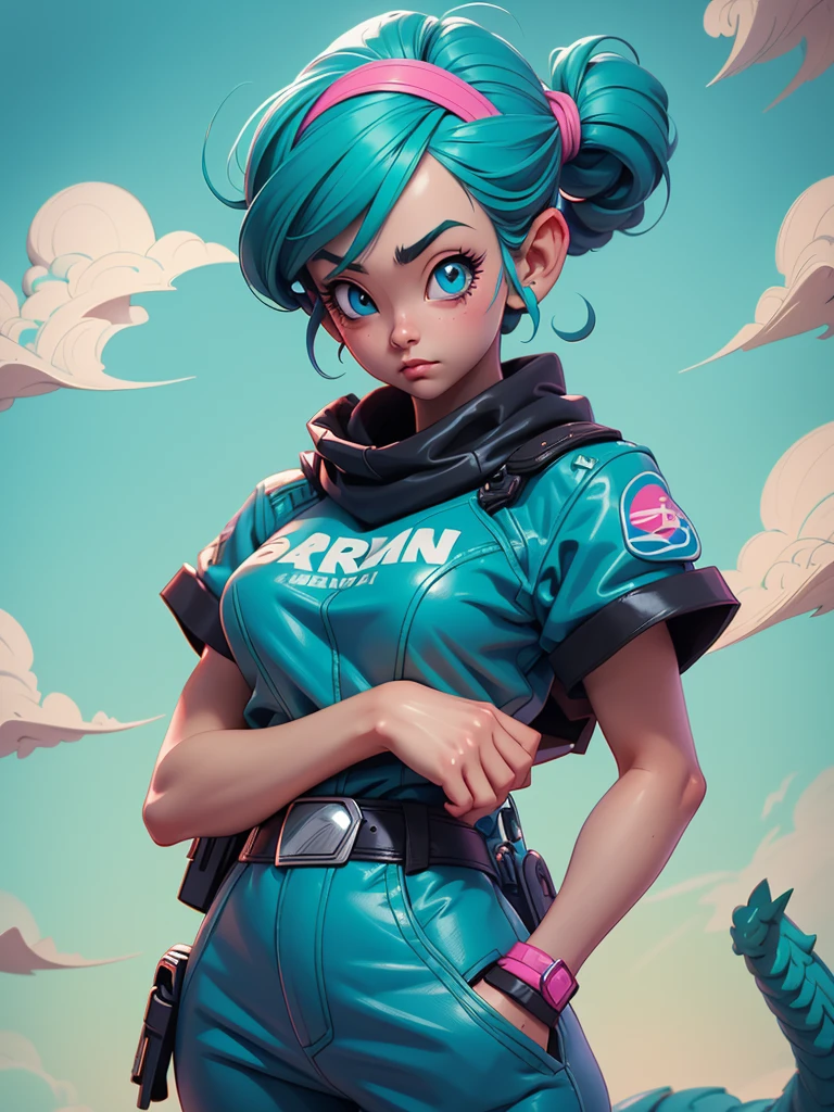 Un primer plano de una persona con un atuendo rosa posando para una foto, bulma de dragon ball, obra de arte al estilo de guweiz, al estilo de ross tran, extremely detailed artistic germ, artgerm julie campana escarabajo, artgerm y lois van baarle, estilo ross tran, Lois van Baarle y Rossdraws, pelo azul mentolado. 8k.