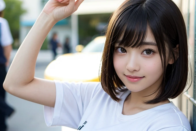 highest quality, shape, Very detailed, finely, High resolution, 8k wallpaper, finelyて美しい目, T-Shirts, smile,14-year-old girl、cute、Looking into the camera、Black Hair、School、Black Hair、short hair、The bangs are short、after school、So that the entire upper body is visible、Street Snap、14-year-old girl