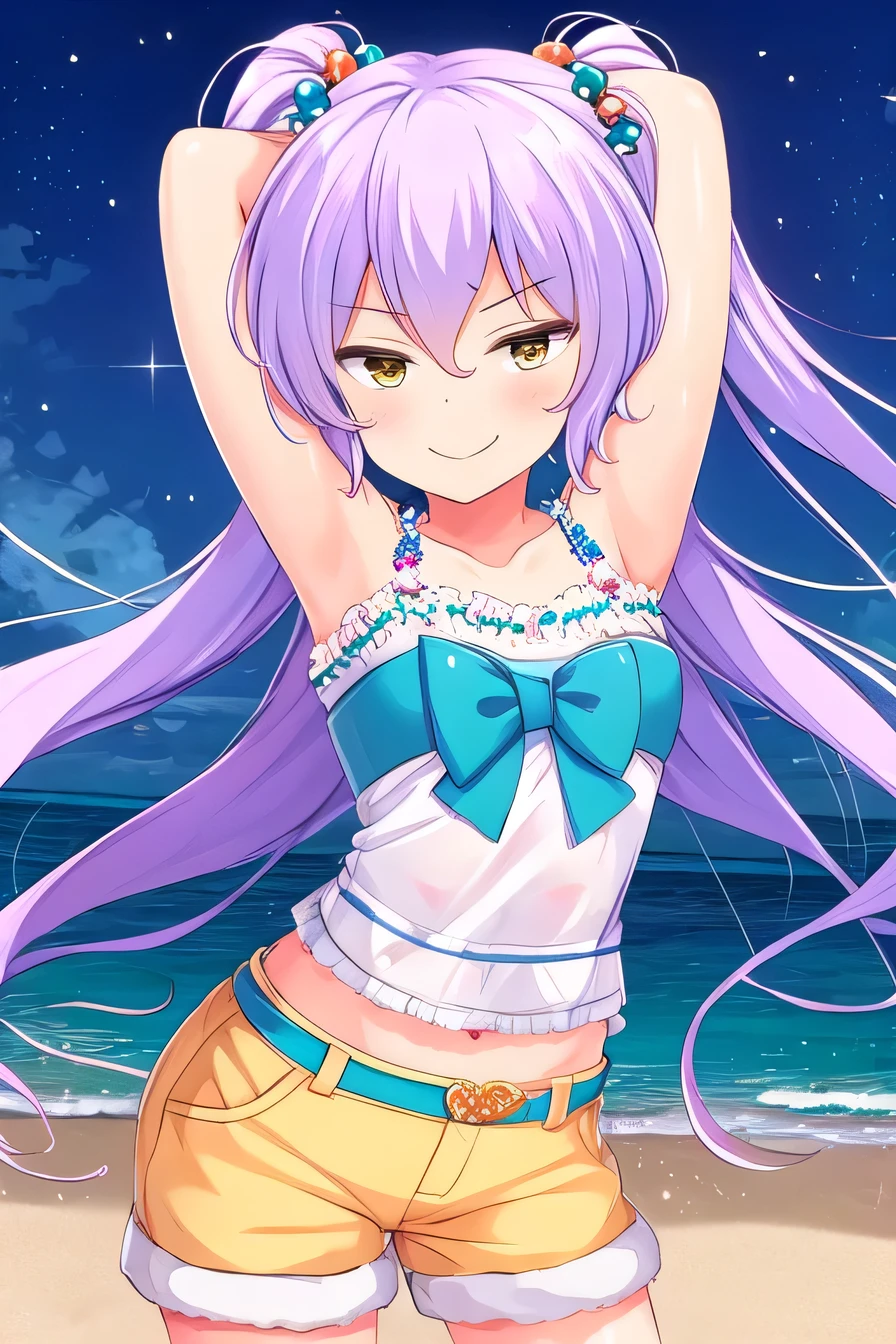 himejimakinoko, solo, 1girl, light purple hair, twintails, hair bobbles, polka dot, very long hair, yellow eyes, white shirt, striped shorts, high quality, solo, night sky, beach, arm behind head, hand on hip, contrapposto, closed mouth, spread armpits, (cowboy shot:1.5), looking at viewer, smile, best quality,