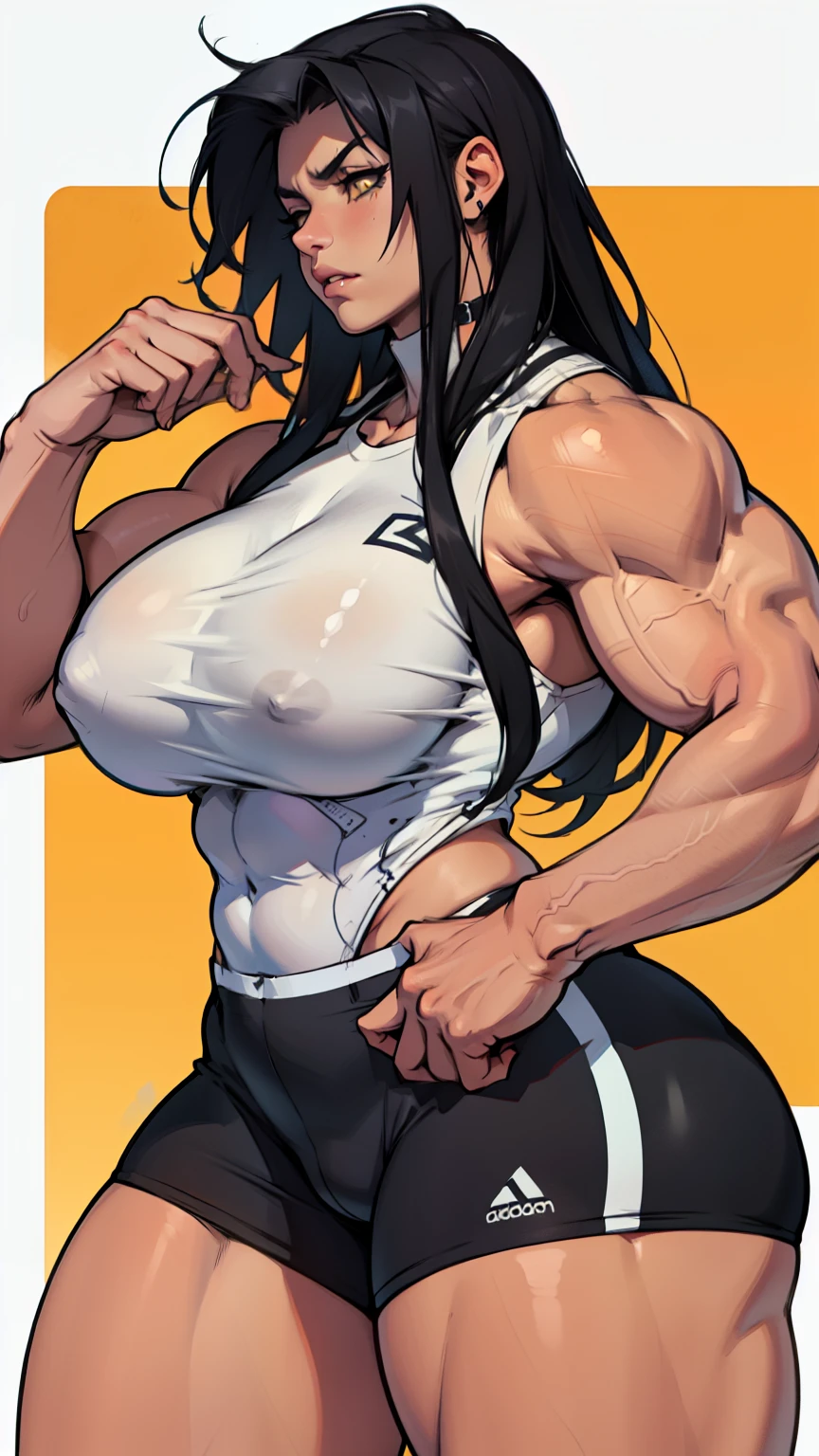 ((muscular)) (huge breasts thick) thick thick thick really long hair black hair yellow eyes annoyed girl