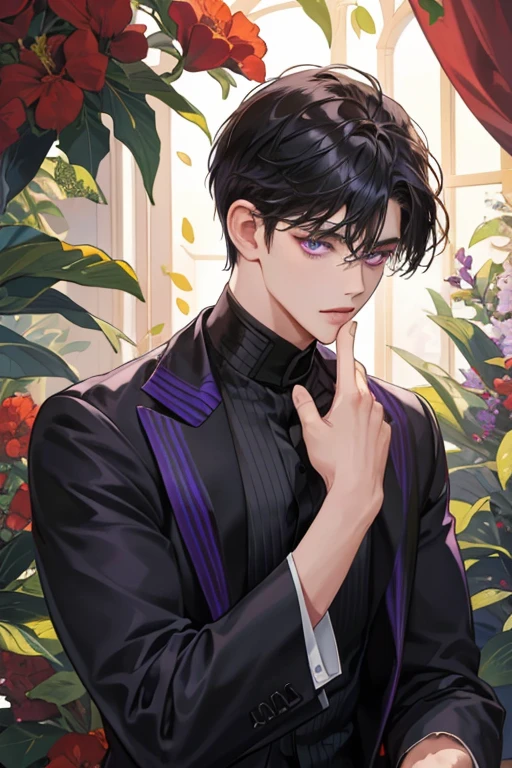 Masterpiece, highres, finely details, male, short hair, black hair, with bangs, purple eyes, black clothes.