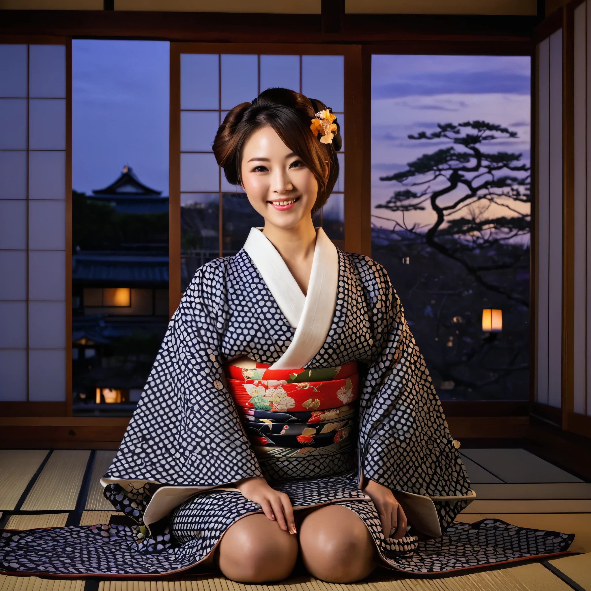 Fotorrealista, solo, Hermosa mujer japonesa, kimono tradicional,cuerpo voluptuoso, sonrisa suave, mirada impresionante, peinado tradicional, Japanese room at dusk, sentado junto a la ventana, iluminado por las luces de la ciudad, (pose atractiva), professional photographer, Poca profundidad de campo, open pussy