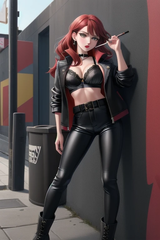 1girl, alone, a 28-year-old woman, pale skin, eyeshadow, red lipstick, ((Wearing: Black opened jacket, black leather bra, tight black pants, belt and leather boots:1.2)), midriff, medium breasts, cleavage, she has long red hair, Amber colored eyes, standing, she's looking at the camera with an inexpressive look, she's smoking a cigarette, Graffiti Alley, Trash Can, she's leaning up against a wall.
