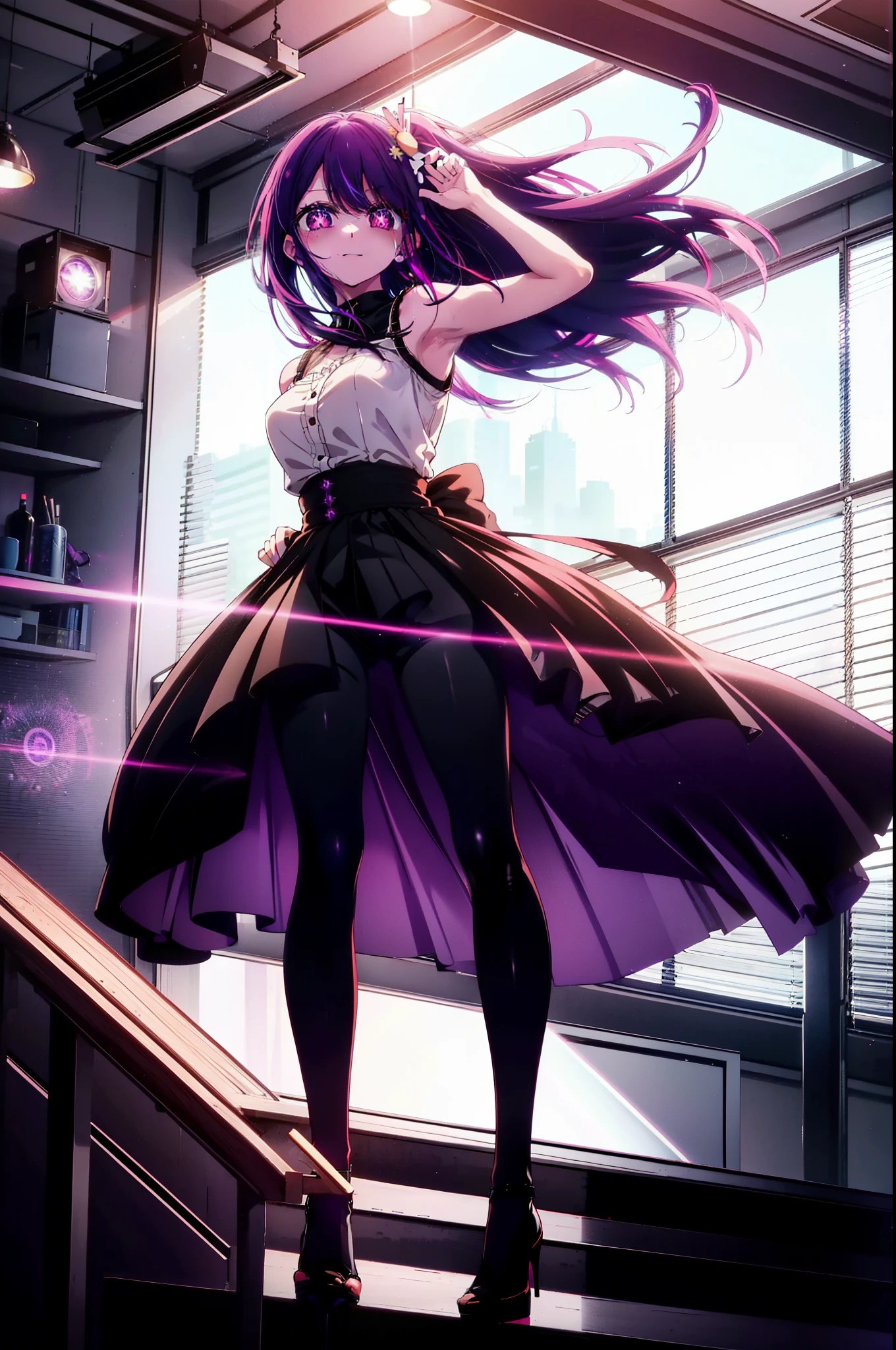 aihoshino, Ai Hoshino, Long Hair, bangs, (Purple eyes:1.1), Purple Hair, (Symbol-shaped pupil:1.5),
happy smile, smile, Open your mouth,one side up, hair ornaments, Hair Ribbon, Sleeveless dress,black skinny pants,Stiletto heels,walking,whole bodyがイラストに入るように,Daytime,Clear skies,
break indoors, office,
break looking at viewer, whole body,
break (masterpiece:1.2), highest quality, High resolution, unity 8k wallpaper, (figure:0.8), (Beautiful fine details:1.6), Highly detailed face, Perfect lighting, Highly detailed CG, (Perfect hands, Perfect Anatomy),