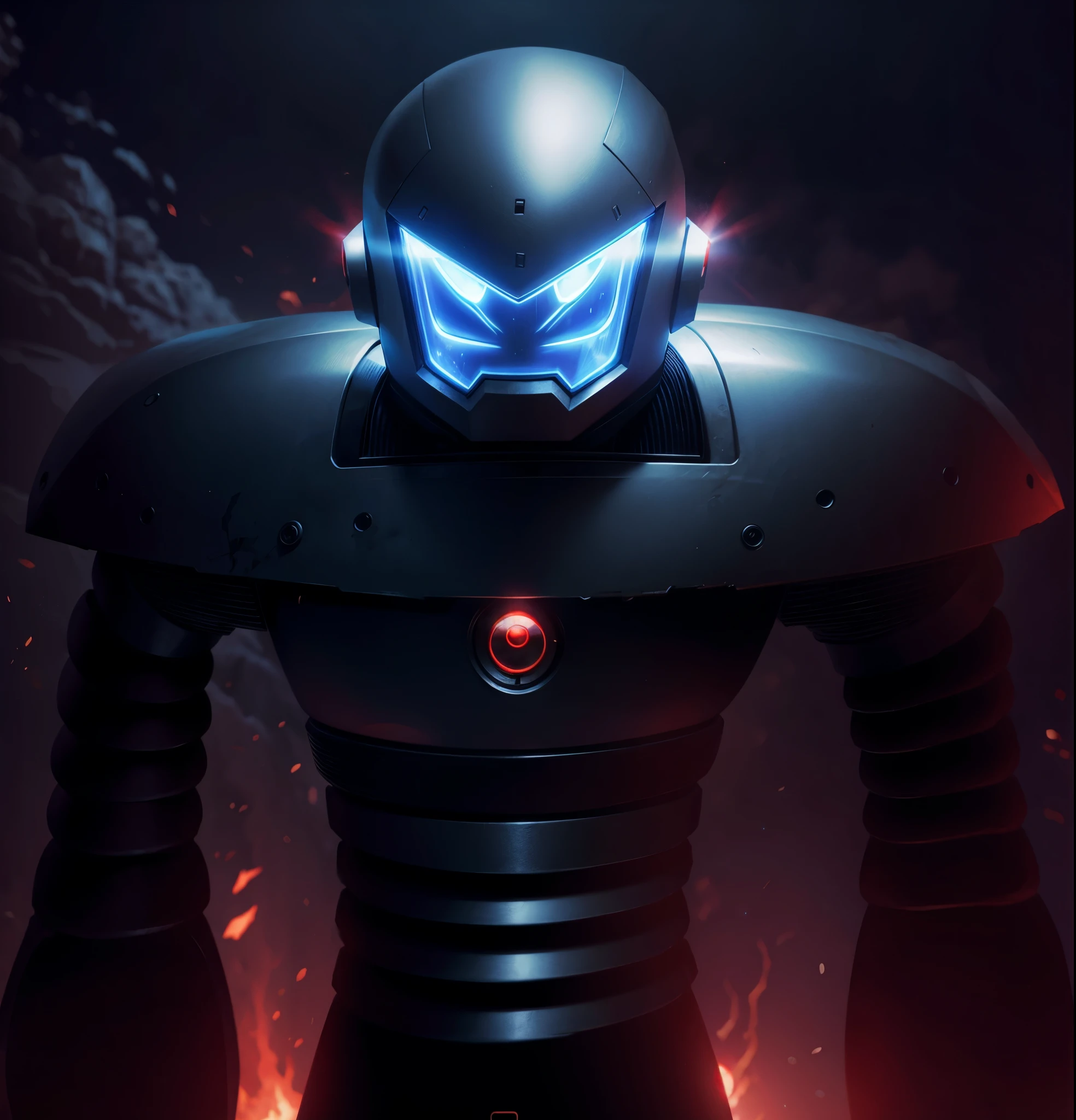 Round armor, robot, cyber, high quality, black iron body, red eyes, battlefield in the background,Bright background,
