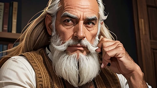 Um homem de 53 anos pensando, sereno, inteligente, complete, wise, cabelos grisalhos, barba grisalha, palitor elegante, hiper realista, alta qualidade.