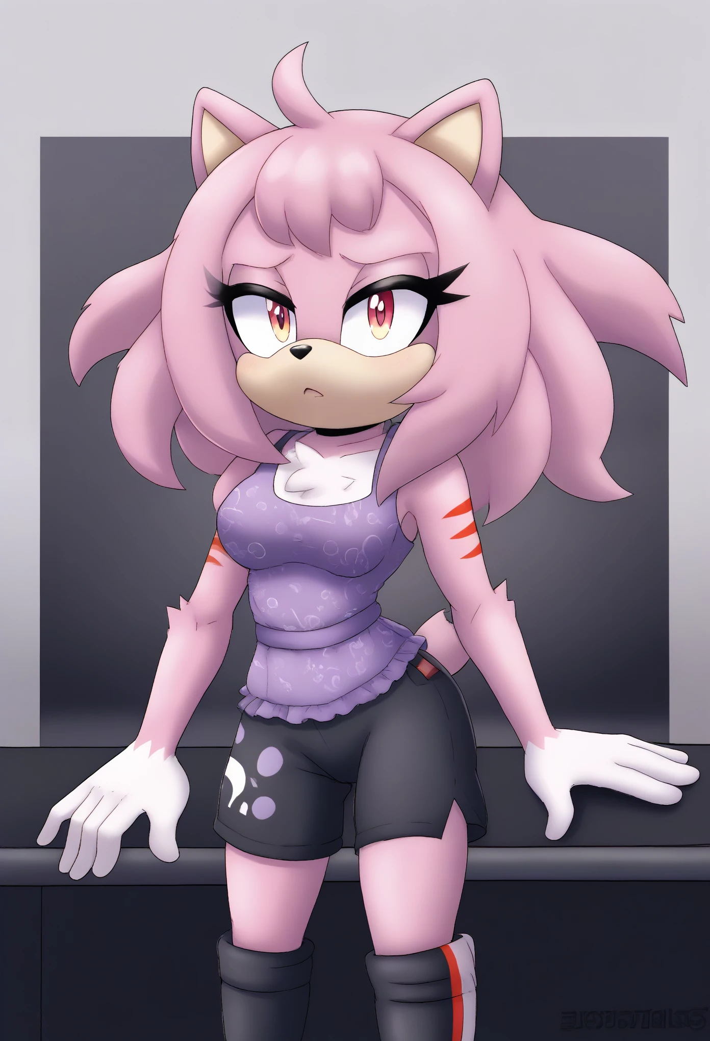 (1girl), (solo), Female Hedgehog, (((pink fur))), (((red stripes on quills))), quills curved up, short quills, 3 large hair bangs, (side locks/quills), red eyes, red patches of fur around eyes, (medium breasts), (small tuft of white chest fur), ((lavender colored dress)), ((tube dress)), short skirt, ((white stripe down center of the dress)), (((black yoga shorts))), eyelashes, tough expression, daytime, mobian, mobius city
