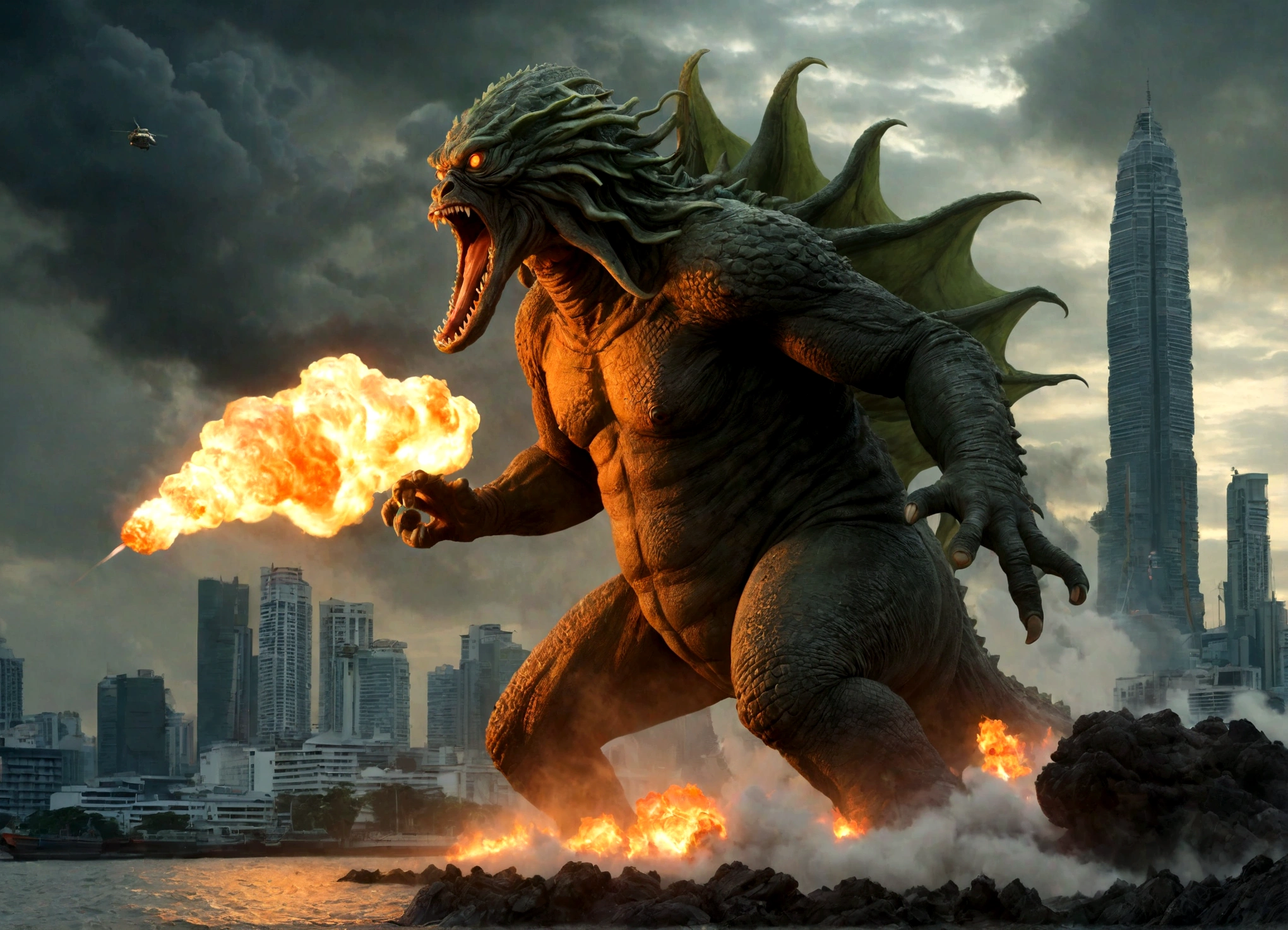Cthulu is approaching Bangkok, from the other side of the city Godzilla roars and shoots nuclear fire