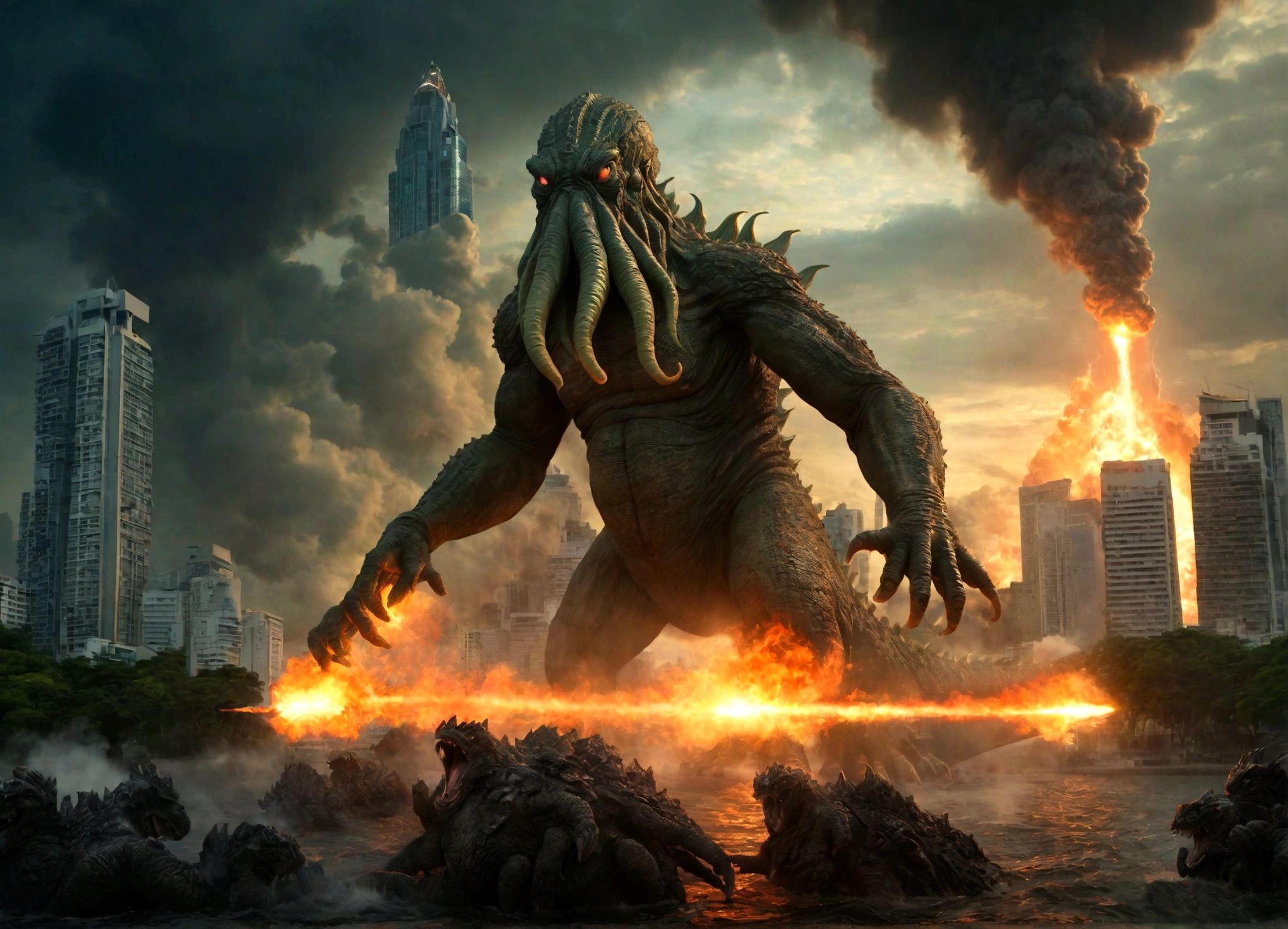 Cthulu is approaching Bangkok, from the other side of the city Godzilla roars and shoots nuclear fire