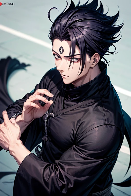 Homen com cabelo preto medio, olho preto e, shape medio, e estilo de arte de jujutsu kaisen