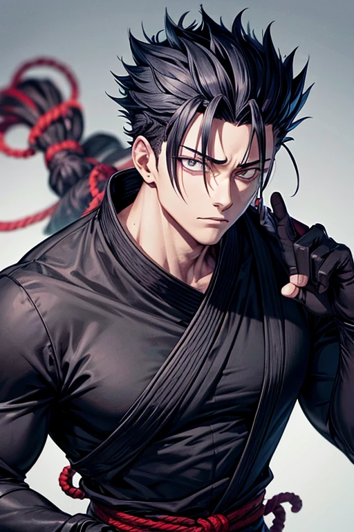 Homen com cabelo preto medio, olho preto e, shape medio, e estilo de arte de jujutsu kaisen