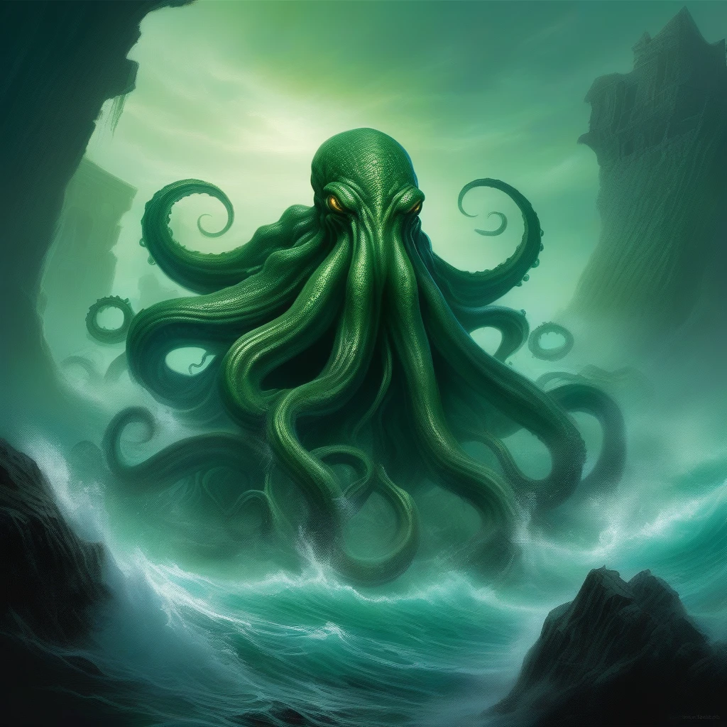 Cthulhu, a gigantic being that emerged from the ocean. Its green skin and giant eyes drive the viewer into madness. It roams the ruins of R'lyeh, swinging its tentacles. The surrounding area is shrouded in unnatural light and shadow, and fog is thick.