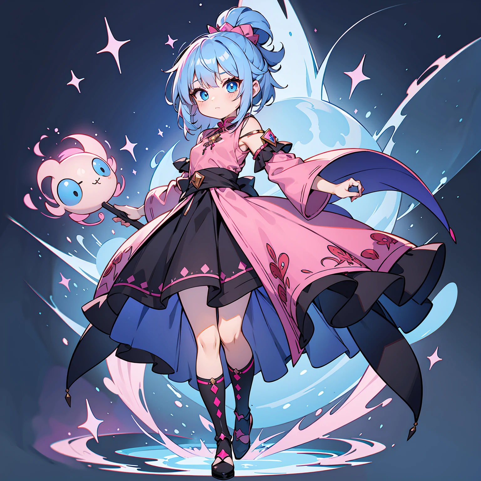 Kobold woman wearing a fantasy pink mage robe, small breasts, cute face, blue hair and blue eyes, full body, thin waist, human, wearing dress, wearing a pink embroidered shirt, cute, short, hot, sexy, long black stockings