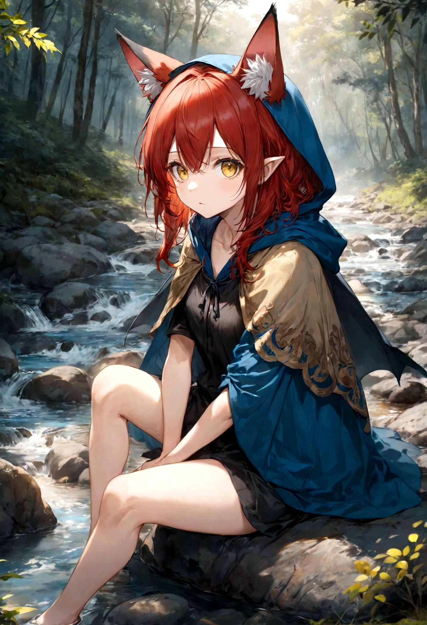 8K, best quality, (Reality:1.4), RAW photos, 1 Girl, Red hair, Animal ears, Blue hooded cape, ears sticking out, posture: Sitting on rocks in forest river, Yellow eyes, -