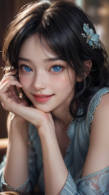 A cute lady, ((Masterpiece: 1.2)), ((8K, High Definition, Ultra-Realistic: 1.2)), ((Smiling, Solo, Half Body: 1.2)), is captured in this adorable image. Her attractive, fine-detailed features are highlighted with a ((Detailed Face: 1.4)), including her ((Realistic Blue Eyes: 1.3)), ((Beautiful and Detailed Eyes: 1.4)), and ((Real Skin: 1.3)), reflecting her ((Beautiful Skin: 1.3)). Her cute expression brings a sense of joy and playfulness to the scene. She wears a