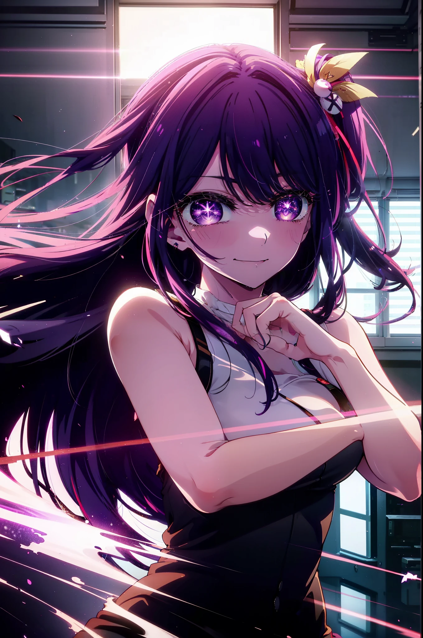 aihoshino, Ai Hoshino, Long Hair, bangs, (Purple eyes:1.1), Purple Hair, (Symbol-shaped pupil:1.5), 
happy smile, smile, Open your mouth,one side up, hair ornaments, Hair Ribbon, Sleeveless dress,black skinny pants,Stiletto heels,walking,whole bodyがイラストに入るように,Daytime,Clear skies,
break indoors, office,
break looking at viewer, whole body,
break (masterpiece:1.2), highest quality, High resolution, unity 8k wallpaper, (figure:0.8), (Beautiful fine details:1.6), Highly detailed face, Perfect lighting, Highly detailed CG, (Perfect hands, Perfect Anatomy),