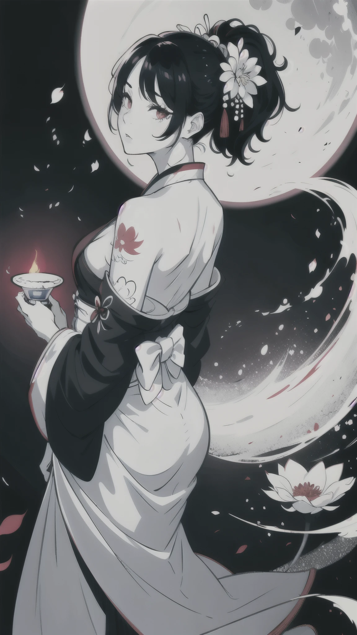 (masterpiece:1,2), best quality, masterpiece, highres, original, extremely detailed wallpaper, perfect lighting,geisha, kimono,Bare shoulder,back,Turn back,tattoo,(((Black and white))),Extreme detail,solo,Cold eyes,look up,Glowing eyes,byobu,moon,Black hair,petal,