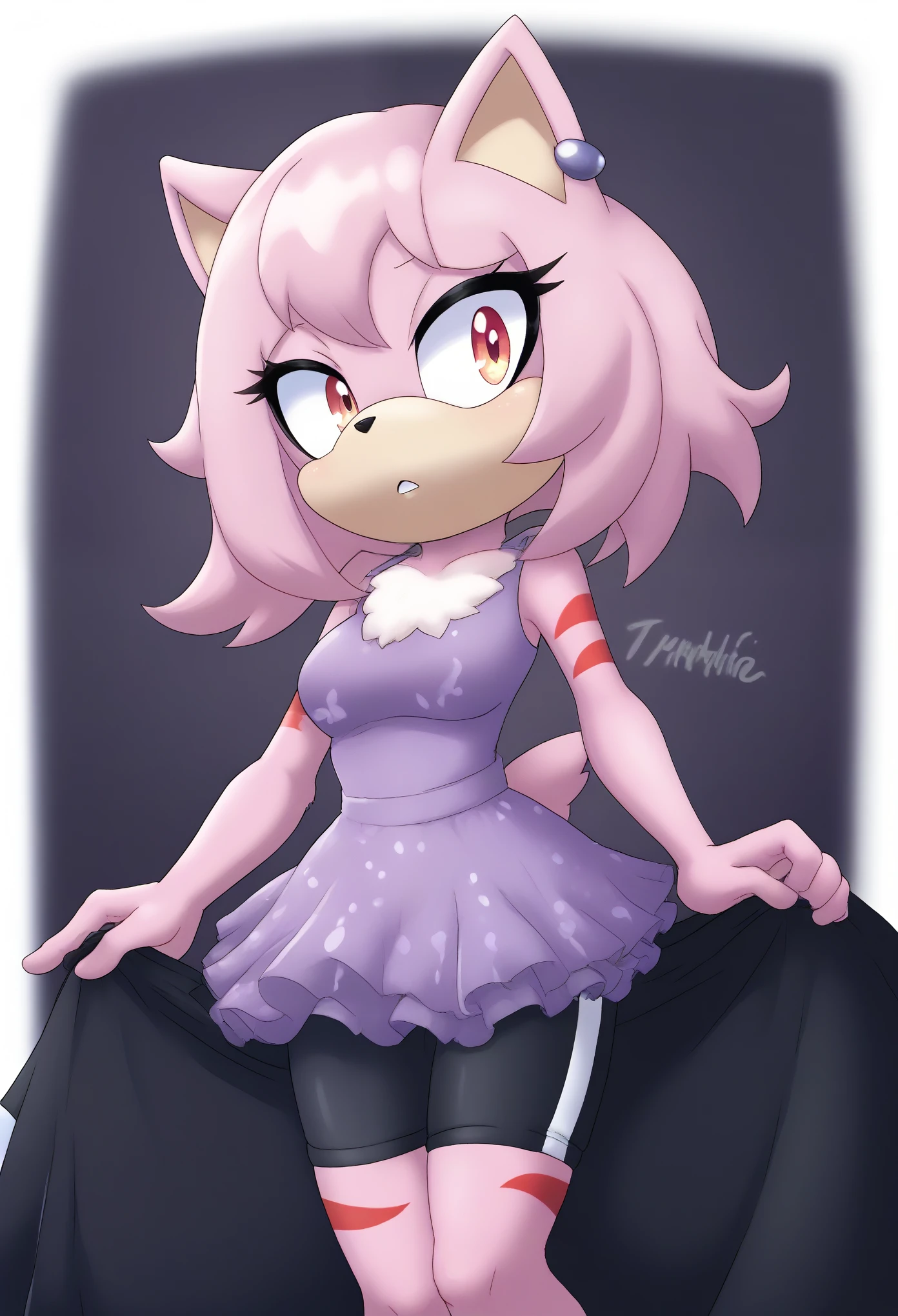 (1girl), (solo), Female Hedgehog, (((pink fur))), (((red stripes on quills))), quills curved up, short quills, 3 large hair bangs, (side locks/quills), red eyes, red patches of fur around eyes, (medium breasts), (small tuft of white chest fur), ((lavender colored dress)), ((tube dress)), short skirt, ((white stripe down center of the dress)), (((black yoga shorts))), eyelashes, tough expression, daytime, mobian, mobius city