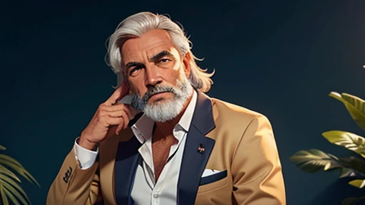 Um homem de 53 anos pensando, sereno, inteligente, Completo, wise, cabelos grisalhos, barba grisalha, blazer elegante, Hiper realista, alta qualidade.