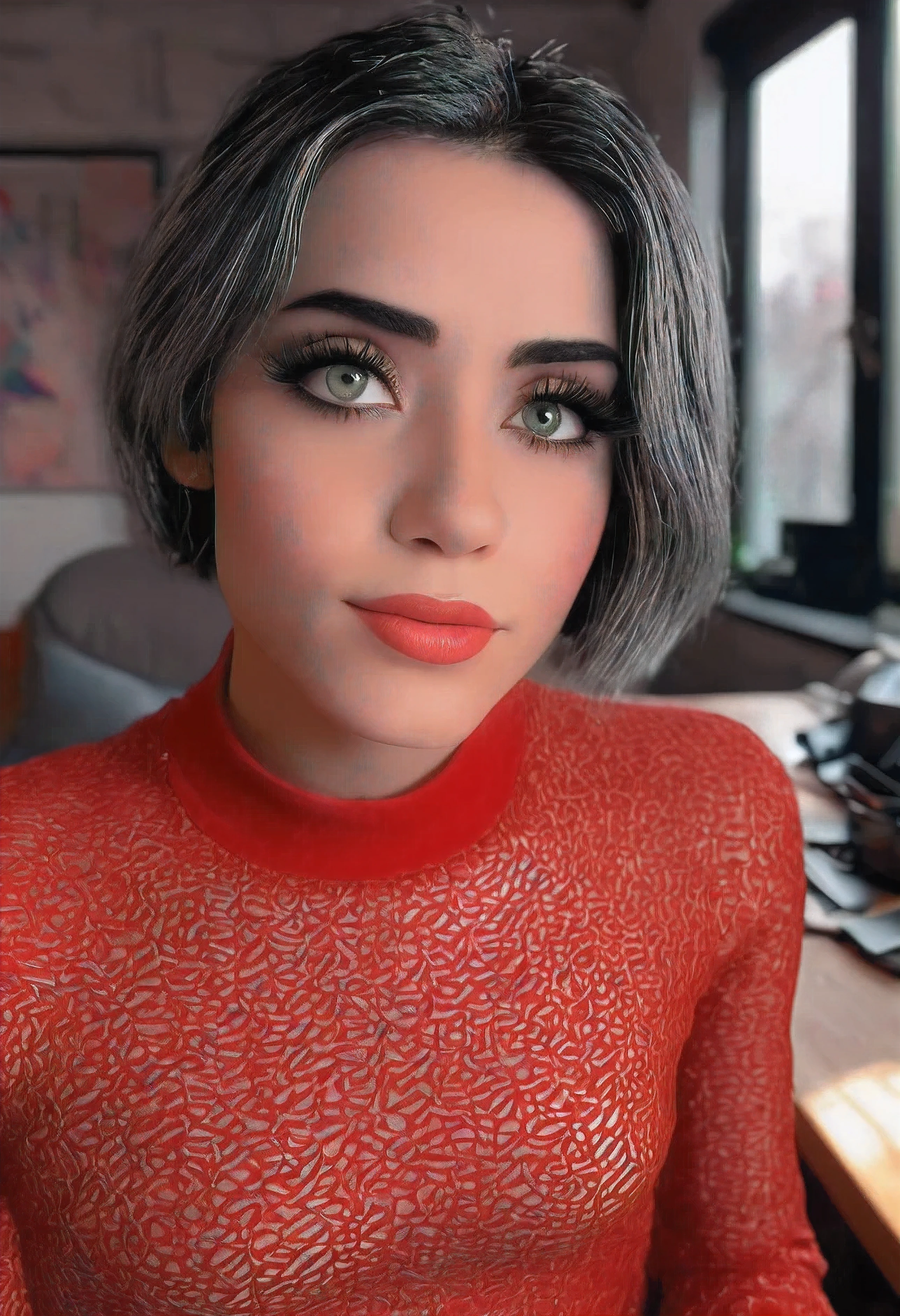 A photograph of a girl in a stylish red outfit, 24 years old, with short black hair, swan gray eyes, beautiful detailed lips, extremely detailed eyes and face, long eyelashes, facing the camera, filming a video of herself. She is sitting at her desk with a rainy window behind her. The camera is right in front of her at the desk, and she has a mic right next to her. The background is inspired, adding an artistic and engaging atmosphere. The lighting is soft, creating a gentle and pleasing effect. The photo is highly detailed, grainy, and realistic, with elements of unreal engine, octane render, bokeh, vray, houdini render, quixel megascans, depth of field (DOF), arnold render, and 8K UHD. The perspective is close-up, emphasizing her facial features and expressions, with a 16x9 aspect ratio."