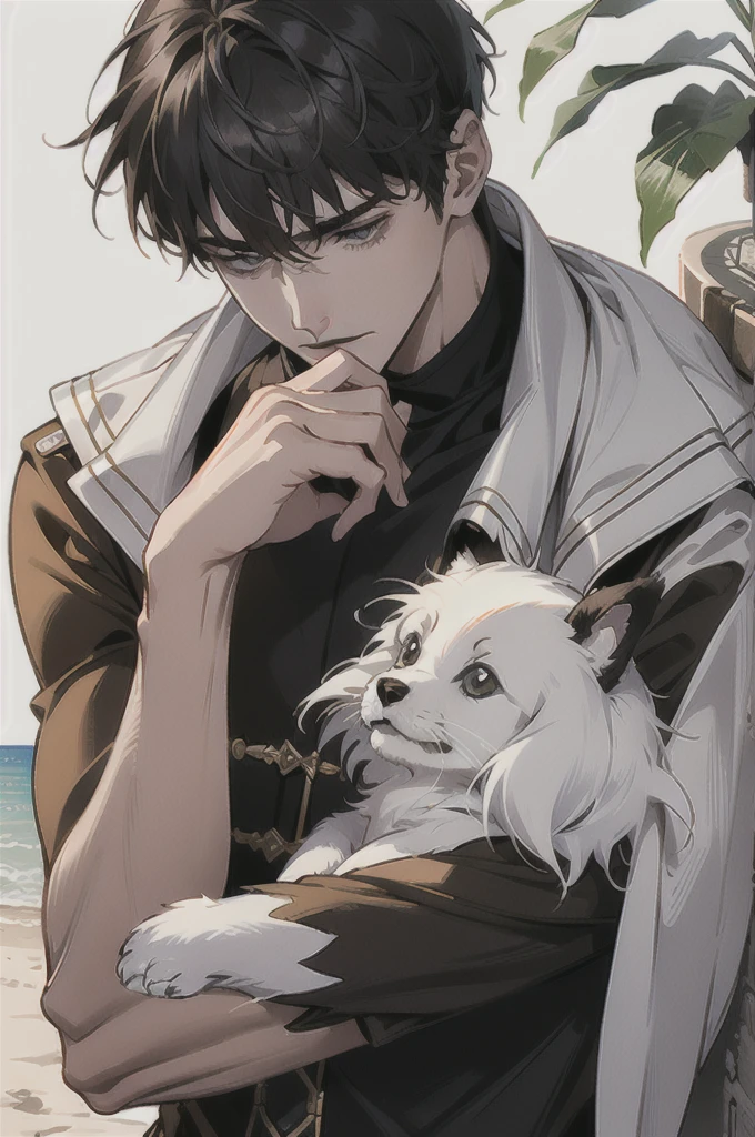 (absurdres, high - resolution, overdetalization), 1 male, beutiful, tall muscular guy, very short hair, The best ratio of four fingers to one thumb, Hands close up, veins in the arms, Better light and shadow, Background - Lane, Detailed sunlight, Sit, A small puppy gathered nearby to him, Spotted sunlight, daytime, dof, Plants, summer, (dutch angle), closed mouth, exposed