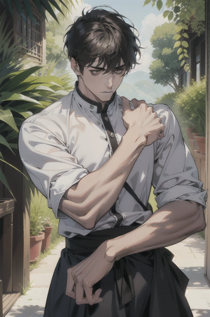 (absurdres, high - resolution, overdetalization), 1 male, beutiful, tall muscular guy, very short hair, The best ratio of four fingers to one thumb, Hands close up, veins in the arms, Better light and shadow, Background - Lane, Detailed sunlight, Sit, A small puppy gathered nearby to him, Spotted sunlight, daytime, dof, Plants, summer, (dutch angle), closed mouth, exposed