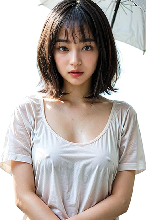 rainy street, break, (masterpiece, highest quality, Super detailed, Detailed face, 8k), break, (1 Girl, Japanese, , Wet Skin, Cute round childish face, Wet natural medium length hair, Cute Bangs, Facing the audience, Natural small breasts, Beautiful cherry-colored areola、Erect nipples、Narrow waist、Shaved,No underwear、No bra、Not wearing underwear、 Lovely, Innocent, cry, Wet white t-shirt, Wet white skirt、The whole body is drenched in the rain、My hair is wet and dripping with water、The white T-shirt is transparent because of the rain、Her breasts are completely visible、Pink areola and nipples show through、soaked、