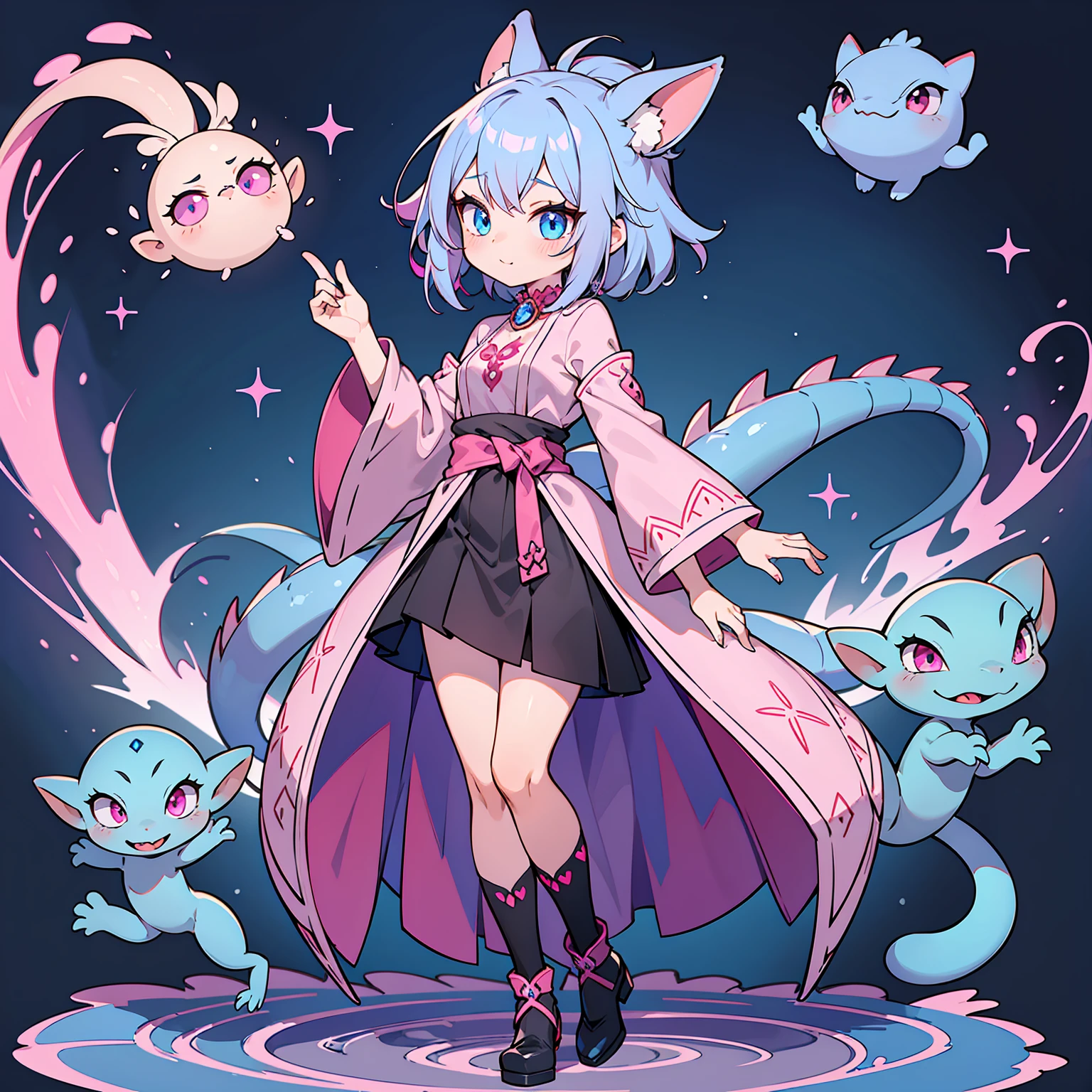 Kobold woman wearing a fantasy pink mage robe, small breasts, cute face, blue hair and blue eyes, full body, thin waist, kobold, wearing dress, wearing a pink embroidered shirt, cute, short, hot, sexy, long black stockings, pink lizard skin, pink lizard tail