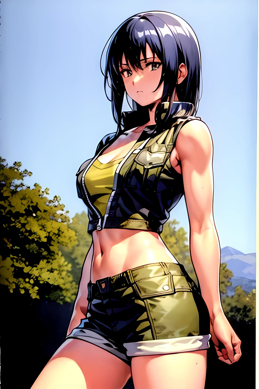 masterpiece, best quality, anime 1990s \(style\, leona heidern, naked, open vest, short, desert, army, cammo.