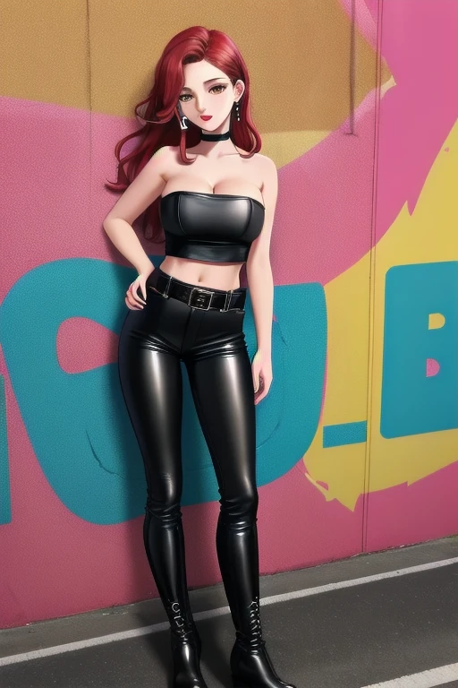 1girl, alone, a 28-year-old woman, pale skin, eyeshadow, red lipstick, ((Wearing: Strapless leather top, tight black pants, belt and leather boots:1.2)), midriff, big breasts, cleavage, she has long red hair, yellow colored eyes, standing, she's looking at the camera with an inexpressive look, she's smoking a cigarette, Graffiti Alley, Litter On The Ground, she's leaning up against a wall.
