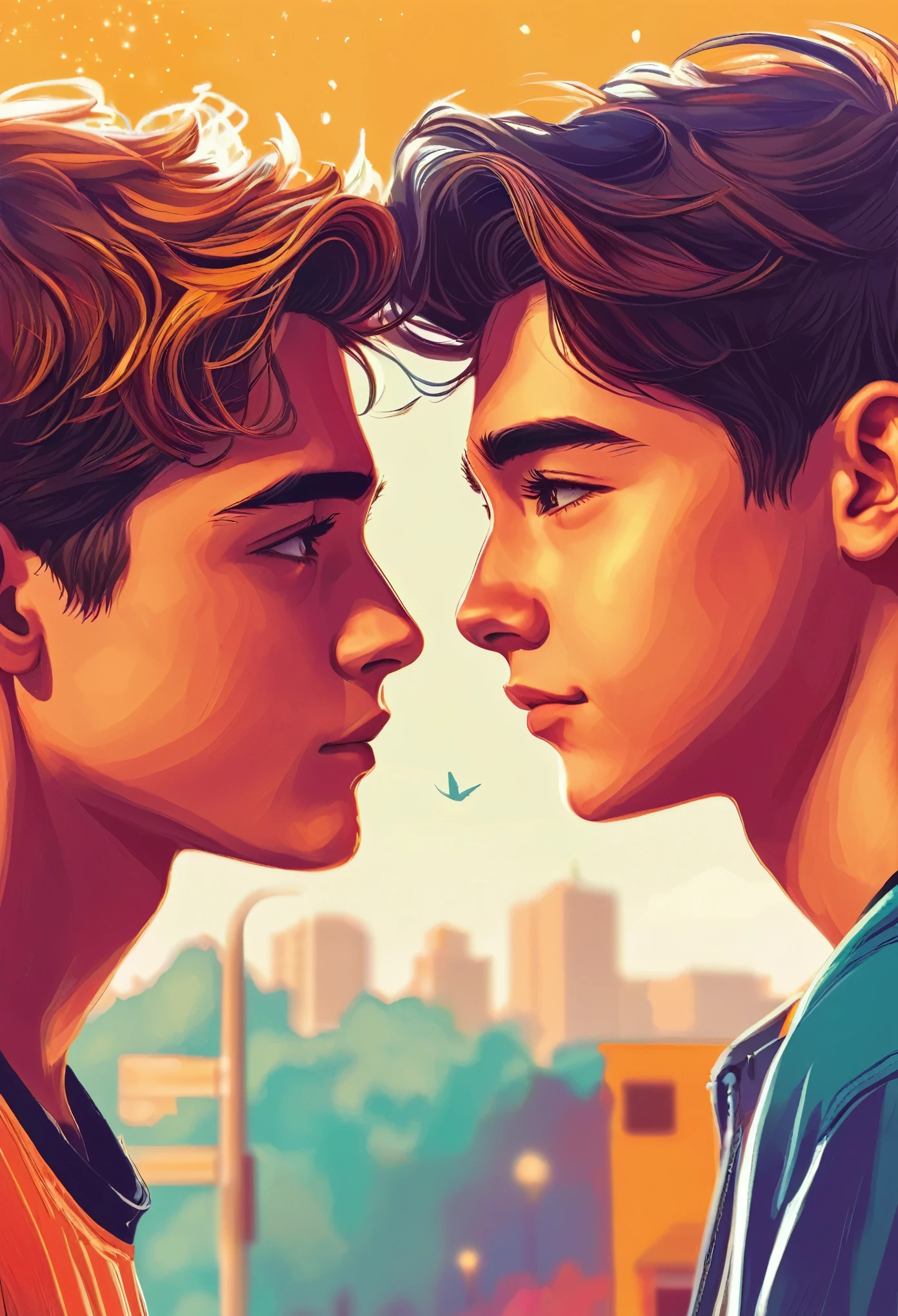 A warm-colored Wattpad book cover about two age boys looking into each other's eyes, ambos con cabello negro, one longer than the other, que la portada contenga girasoles. Que se vea en una calidad de dibujo