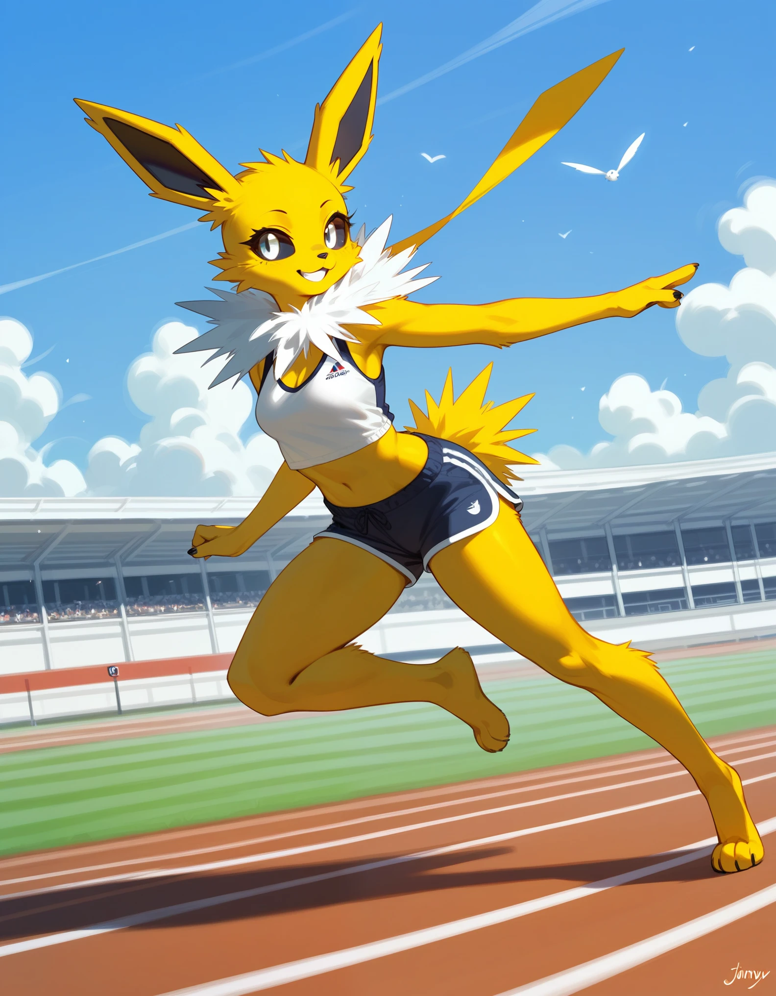 score_9,score_8_up,score_7_up, anthro furry female jolteon pokemon, black sclera, white eyes, wearing white athletic top and shorts, casual pose, tall and slender, outdoors on a track and field track, sunny day, smiling,