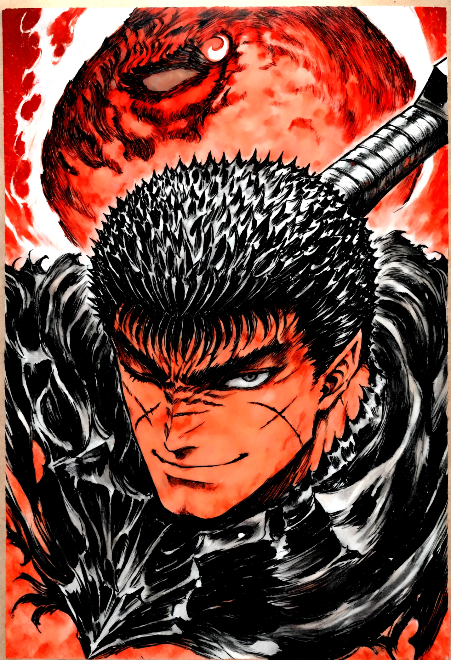 portrait of guts \(berserk\), 1boy, black hair, smiling, teeth, closed mouth, looking at viewer, male focus, one eye closed, red background, scar, scar on face, scar on nose, scarf, short hair, solo, upper body, weapon on back, blood moon, red night, sword on back, traditional media, Kentaro Miura Berserk Style