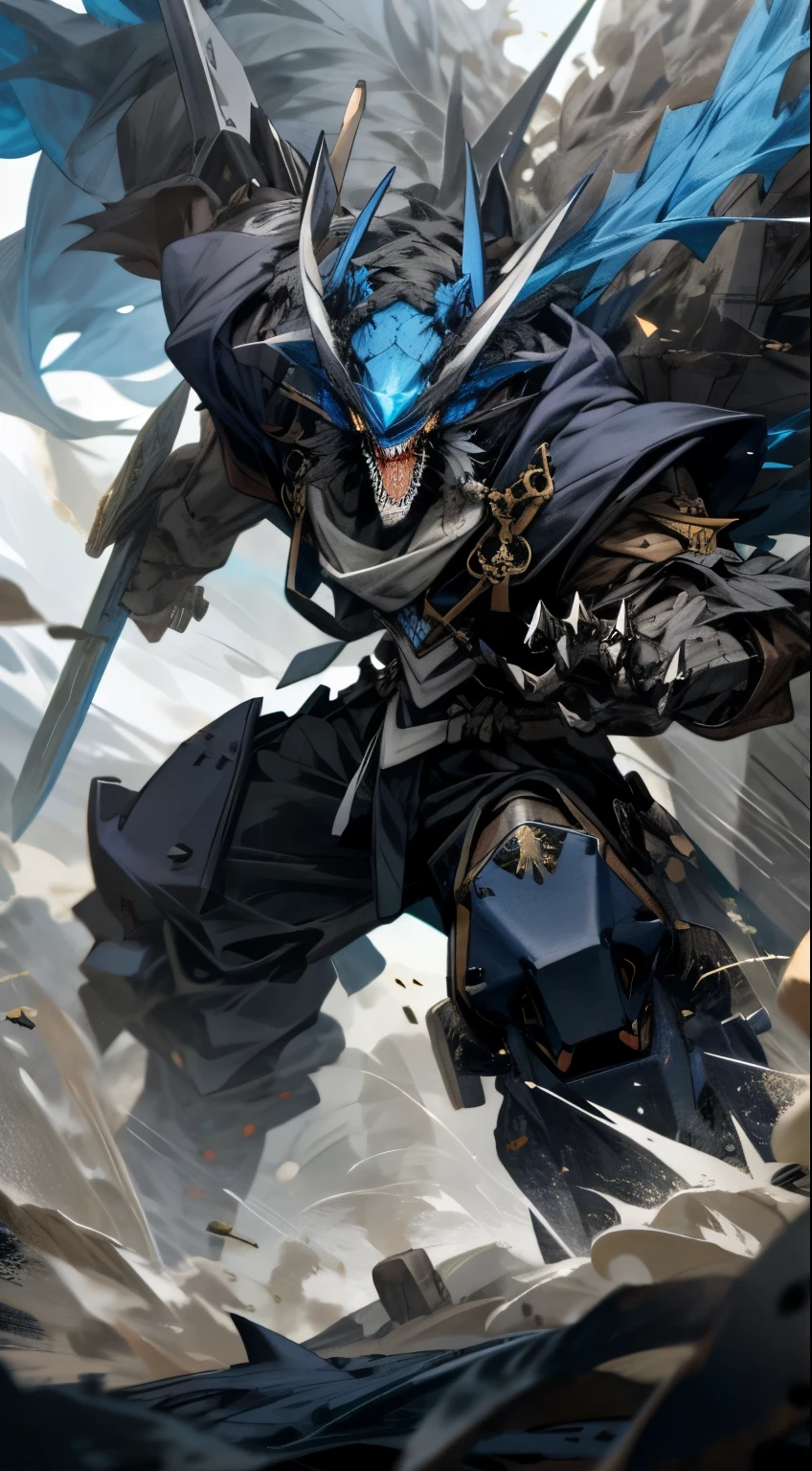 White and black mechs, Dragon helmet, Claw weapons, Giant claws, Attack, Blue, Navy, extremly high detail, black, beast, Animal, mito, Dark, cavalier, Crush, 4 legs,